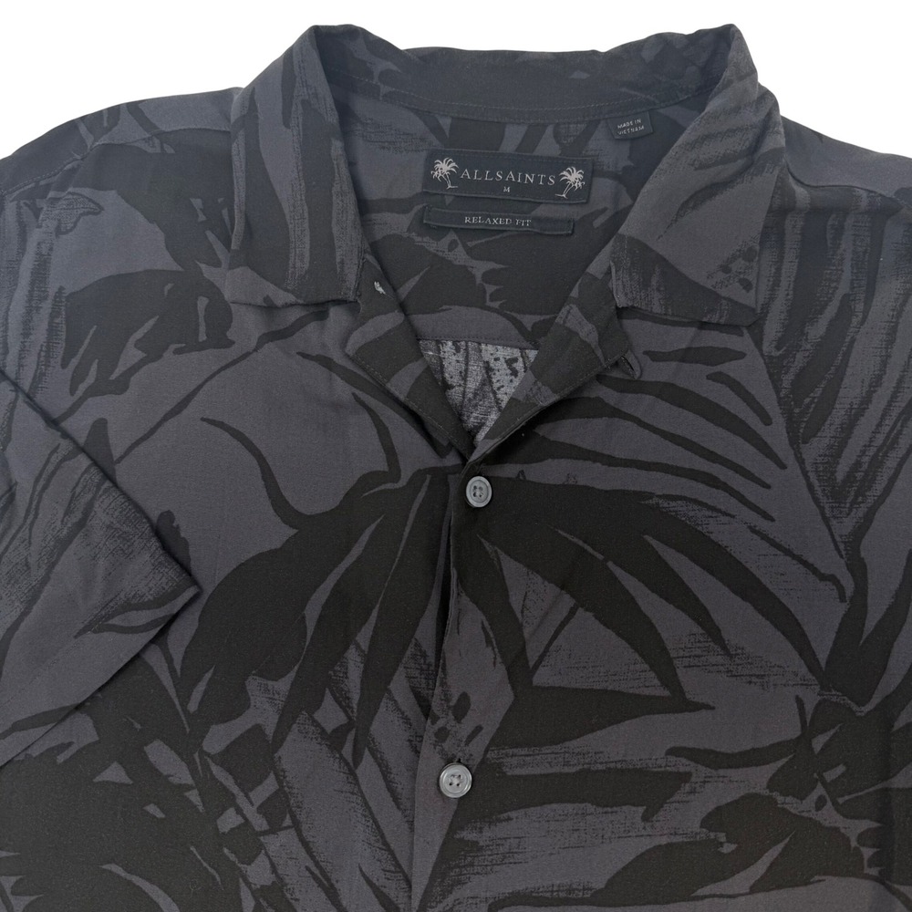 AllSaints Relaxed Fit Palm Leaf Print Short Sleeve Shirt Mens Medium Grey Black
